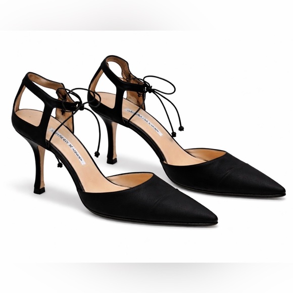 Manolo Blahnik Shoes - Manolo Blahnik Zaman 70 Black satin Ankle Tie Pumps – 39.5 • Dust Bag